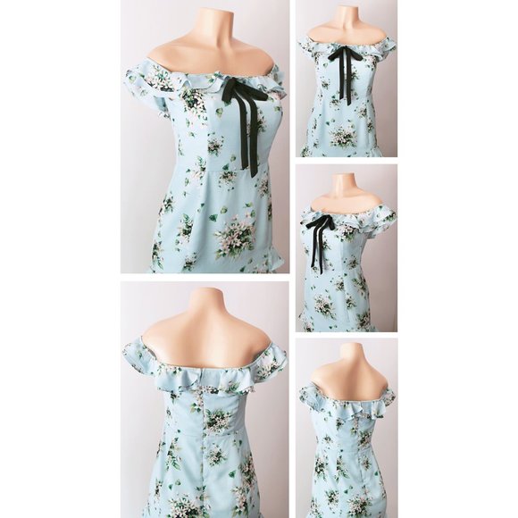Light Blue Floral Ruffle Off Shoulder Bow Dress - Picture 3 of 9